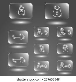 glass button keys and lock on gray background