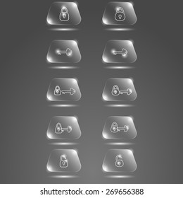 glass button keys and lock on gray background