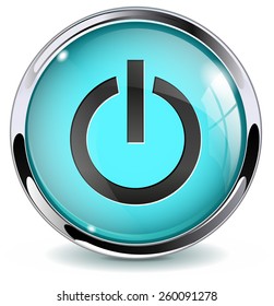 Glass button  - Power. Round web media icon with metallic frame. Vector Illustration isolated on white background.