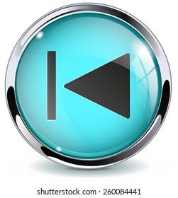 Glass button  -  Previous. Round web media icon with metallic frame. Vector Illustration isolated on white background.