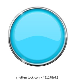 Glass button. Round blue button with chrome frame. Vector illustration isolated on white background