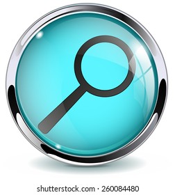 Glass button  -  Search. Round web media icon with metallic frame. Vector Illustration isolated on white background.