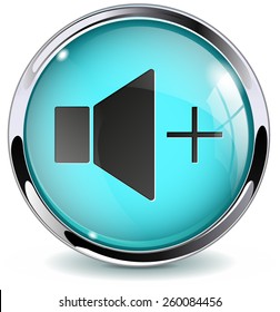 Glass button  -  Speaker volume. Round web media icon with metallic frame. Vector Illustration isolated on white background.