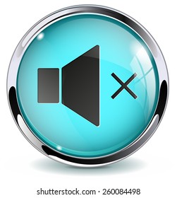 Glass button  -  Speaker volume. Round web media icon with metallic frame. Vector Illustration isolated on white background.