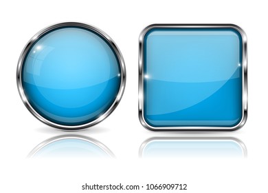 Glass buttons. Blue square and round 3d buttons with metal frame. With reflection on white background. Vector illustration