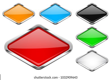 Glass buttons with chrome frame. Colored set of shiny rhombus shaped 3d web icons. Vector illustration isolated on white background