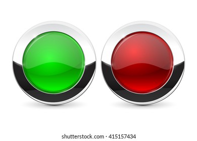 Glass buttons with chrome frame. Green and red. Vector illustration isolated on white background