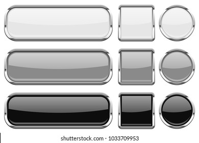 Glass buttons with chrome frame. Set of shiny 3d web icons. Vector illustration isolated on white background