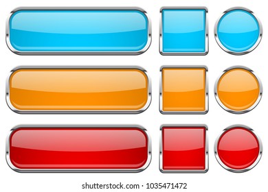 Glass buttons with chrome frame. Set of colored shiny 3d web icons. Red, orange and blue. Vector illustration isolated on white background