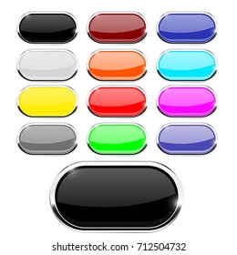 Glass buttons. Colored collection of oval 3d icons with metal frame. Vector illustration isolated on white background