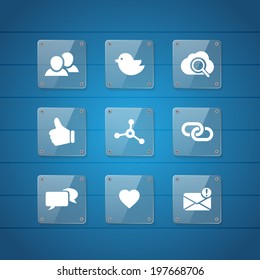 Glass buttons with communications icons on blurred blue background. Vector illustration.