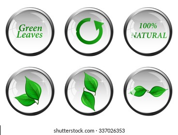 glass buttons with green leaves and elements of eco -style, vector set.