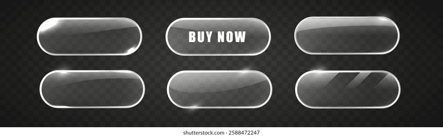 Glass buttons isolated. White vector buttons on dark background.