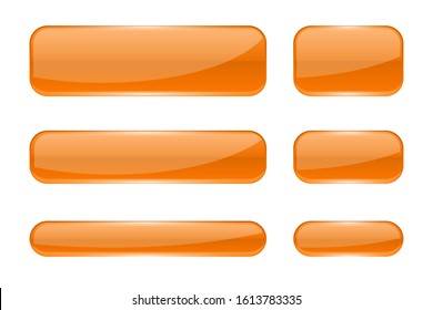 Glass buttons. Orange shiny 3d icons. Vector illustration isolated on white background