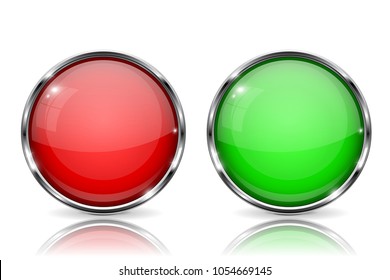 Glass buttons. Red and green round 3d buttons with metal frame. With reflection on white background. Vector illustration