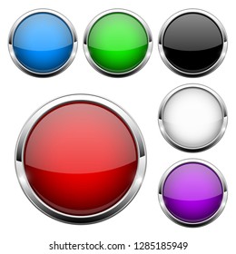 Glass buttons set. Shiny round colored 3d web icons. Vector illustration isolated on white background