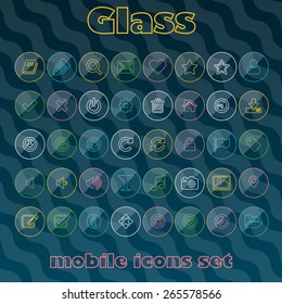 Glass buttons vector set. Transparent colored icons for applications