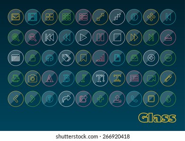 Glass buttons vector set. Transparent colored icons for applications