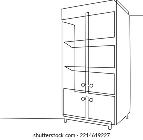 Glass cabinet showcase for storing household items. Continuous line drawing, vector illustration.