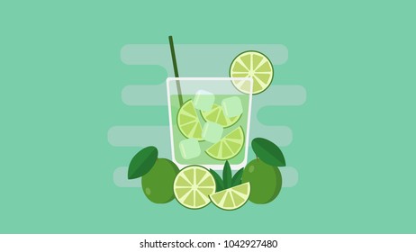 Glass of caipirinha cocktail with straw and sliced lemons. Flat vector illustration. 