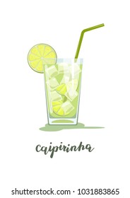 Glass of caipirinha cocktail with straw. Vector illustration isolated on white background