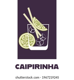 A glass of Caipirinha cocktail with cocktail straws, slice of lime and ice cubes vector illustration