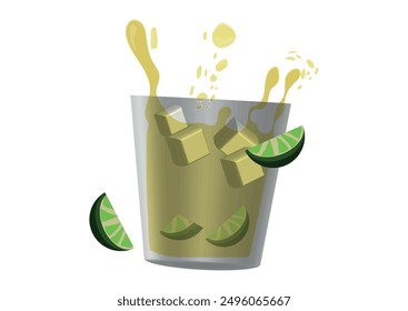 a glass with caipirinha or lemonade in a splash motion. vector illustration.