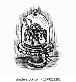Glass cake stand with chains and lock hand drawn vector sketch isolated on the white background