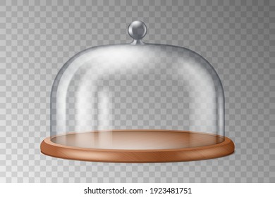 Glass cake stand dome cover, realistic 3d design. Luxury glassware dishes for pastry display. Transparent glass container for food protection. Vector illustration