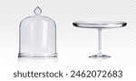 Glass cake stand plate and dome cover. Realistic 3d vector illustration set of plastic transparent tray for sweet dessert food safe display and storage. Empty glassware showcase platter and cloche.