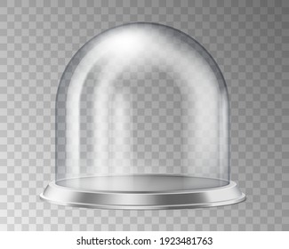 Glass cake stand with transparent dome cover. Realistic glassware for dessert and dishes serving and protection on transparent background. Vector illustration