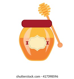 Glass can full of honey and wooden stick isolated. Honey jar vector and cartoon honey jar sweet food. Yellow honey jar healthy ingredient nutrition and isolated natural delicious honey jar.