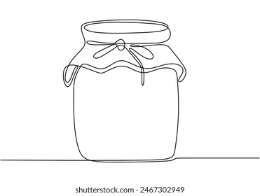 Glass canning jar in continuous line art drawing style. Food preserve. Continuous one line drawing of honey glass jars. Sweet pure honey. Hand drawn vector illustration.