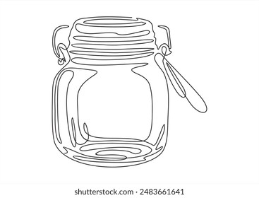 Glass canning jar in continuous line art drawing style. Food preserve. Minimalist black linear sketch on white background. Vector illustration