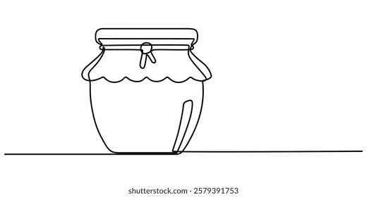 Glass canning jar in continuous line art drawing style. Food preserve. Minimalist black linear sketch on white background. Vector illustration, Jar of honey one line continuous. Line art jar of jam. 
