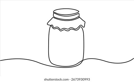 Glass canning jar in continuous line art drawing style. Food preserve. Hand drawn vector art, One line continuous drawing vector illustration.