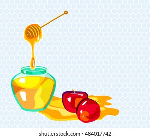 Glass cans jar full of honey, Wooden stick dipper in the honey stain, apples and honeycombs on background - Vector illustration for Rosh Hashanah the Jewish new year