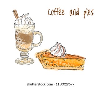 A glass of cappuccino with cinnamon, coffee and cake. Color sketch on a white background. Watercolor drawing, watercolor