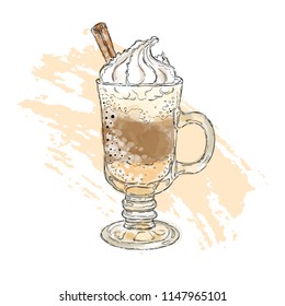 A glass with cappuccino, cream and cinnamon. Hand drawing, sketch on a white background