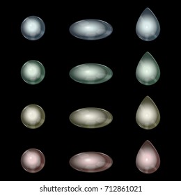 Glass capsule, drop and ball set isolated on black background.