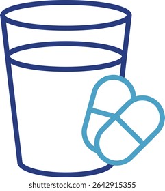 Vidro e cápsula ícone único guia de instrução visual de duas cores para tomar medicação com assistência fluida
