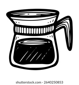 Glass carafe of coffee. Hand drawn doodle vector. Serving refreshing drink in cafe. Beverage espresso. Jug with liquid. Tableware with handle. Illustration line art element.