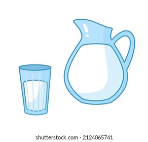 Carafe de vidrio y vidrio facetado con leche. Ilustración vectorial de la bebida saludable para bebé al estilo infantil de dibujos animados. Clásico gracioso aislado sobre fondo blanco. huella linda