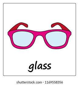 glass -  сartoon card, worksheet for children. Education game for kids. flashcards for learning English.