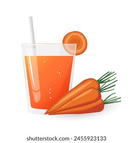 Un vaso de zumo de zanahoria. Zumo natural exprimido. Dieta saludable. Elemento de producto de alimentos frescos para pegatina, tienda de comestibles, elemento de tienda de granja. Ilustración vectorial.