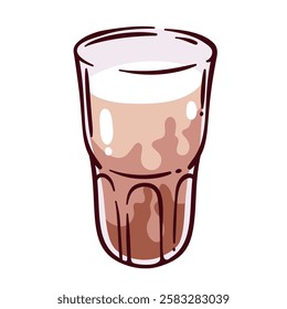 Glass cartoon cup of coffee cocktail. Funny brown layers of cold beverage in transparent glass. Summer drinks menu mascot, cartoon cocoa, chocolate, milkshake for dessert vector illustration