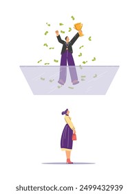 Ilustración vectorial de concepto de techo de cristal con un hombre celebrando en la parte superior de una plataforma de cristal que sostiene un trofeo, rodeado de dinero, mientras que una mujer mira hacia arriba desde abajo, incapaz de abrirse paso