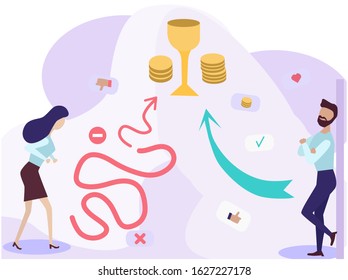 Glass ceiling and gender discrimination issues concept with business man and woman has different ways to promotion or career. Sexism issues in workplace. Flat vector style. Easy way or hard way. 