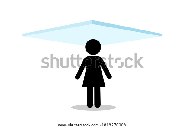 Glass ceiling - woman and femaile is\
under, bellow and underneath invisible\
barrier.
