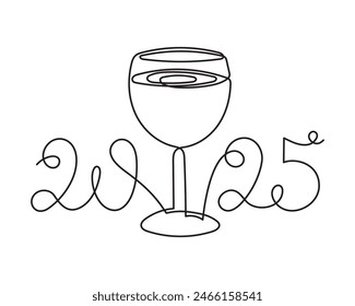 Glass, celebrating 2025 new year,one line art,continuous drawing contour.Cheers toast,festive hand drawn holiday decoration,simple minimalist design.Editable stroke.Isolated.